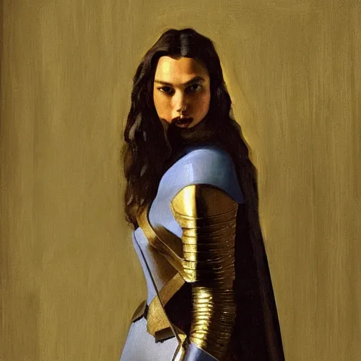 Image similar to a painting of gal gadot in knights armor by vermeer