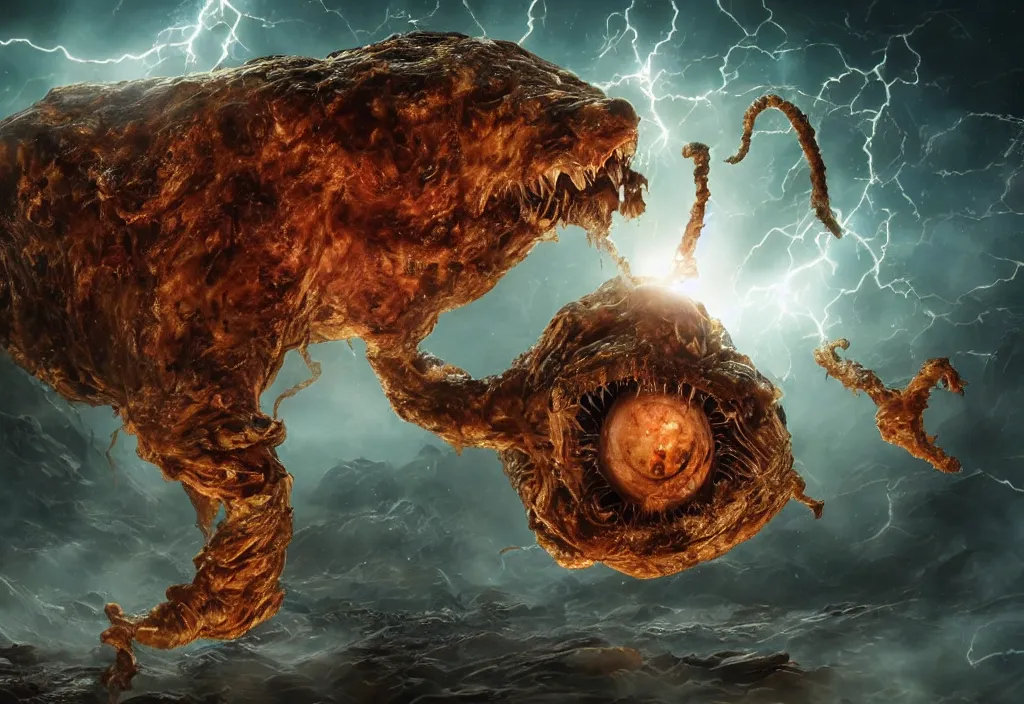 Image similar to eldritch horror bloody garfield in space, hd, 8 k, giant, epic, realistic photo, unreal engine, prophecy, powerful, cinematic lighting, destroyed planet, debris, violent, sinister, ray tracing, dynamic, epic composition, dark, horrific, teeth, grotesque, monochrome drawing, hellscape, corpses, foreboding, lightning, garfield cartoon eyes