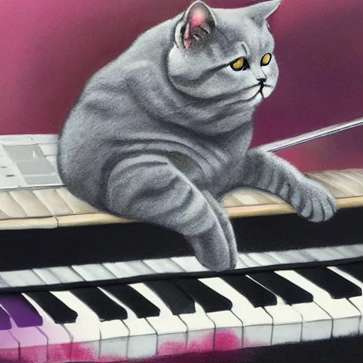 Image similar to grey british shorthair cat sitting playing piano keyboard with abstract musical note background detailed pastel painting 4 k