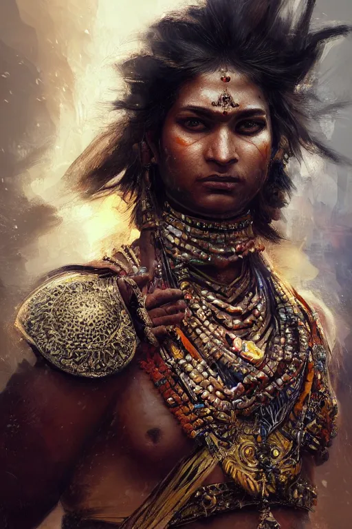 Image similar to hindu warrior, close - up portrait, fierce, intricate, elegant, volumetric lighting, scenery, digital painting, highly detailed, artstation, sharp focus, illustration, concept art, ruan jia, steve mccurry