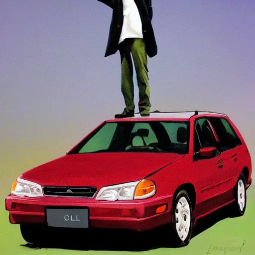 Image similar to larry david standing on top of prius, painting