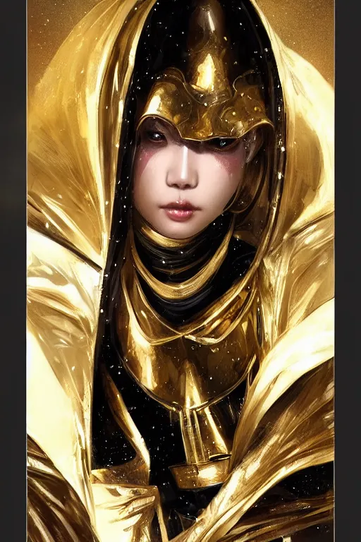 Image similar to Photorealistic illustration, 3/4 view of Korean fashion model in Star Wars sith black and gold robes, sci-fi, futuristic, intricate, elegant, highly detailed, digital painting, artstation, concept art, smooth, sharp focus, art by artgerm, greg rutkowski and alphonse mucha