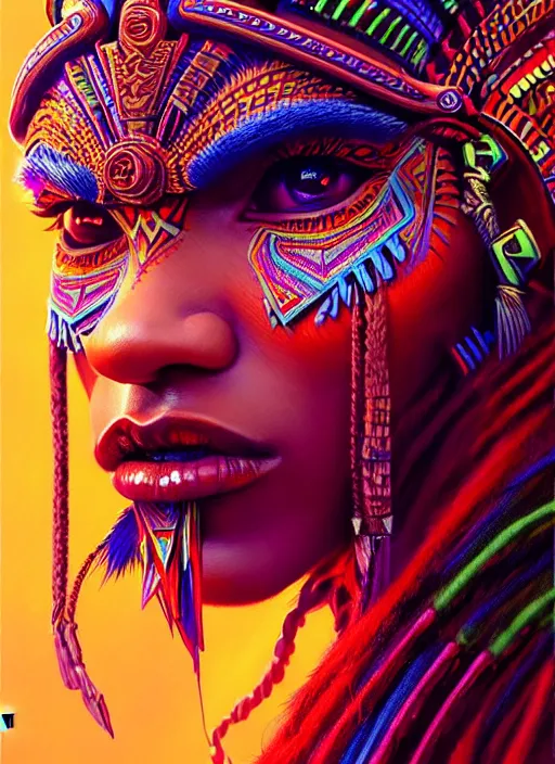 Image similar to portrait of zendaya, hyper detailed ultra sharp aztec shaman warrior. trending on artstation, warpaint aesthetic, bloodwave, colorful, psychedelic, ornate, intricate, digital painting, concept art, smooth, sharp focus, illustration, art by artgerm and greg rutkowski and h. r. giger, 8 k