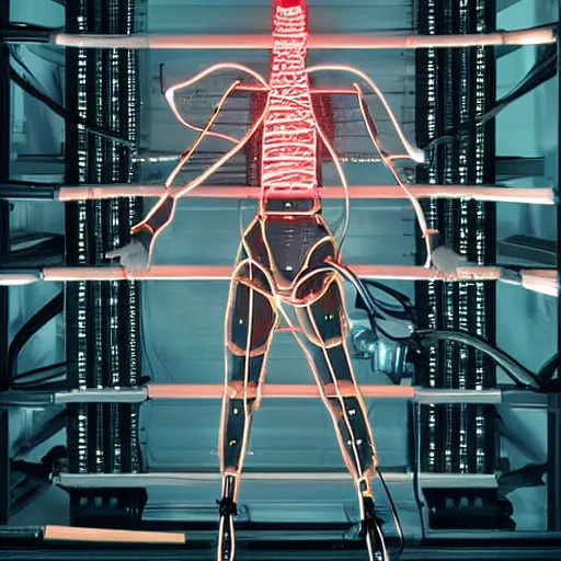 Prompt: cyborg connected to mainframe with glowing bondage cables, suspended by many pneumatic connections - n 4