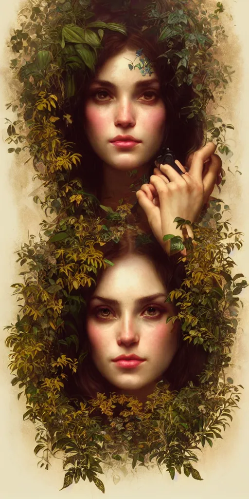 Image similar to hyper realistic photographer looking through a vintage medium format camera, design on white background, beautiful details, lush foliage cyberpunk, gold, drawn by john singer sargent, tom bagshaw, norman rockwell, alphonso mucha, lolish, trending on artstation