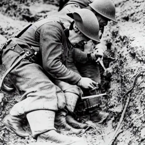 Prompt: ww 1, in the trenches. two soldiers fixing a telegraphy line while their corps is under attack