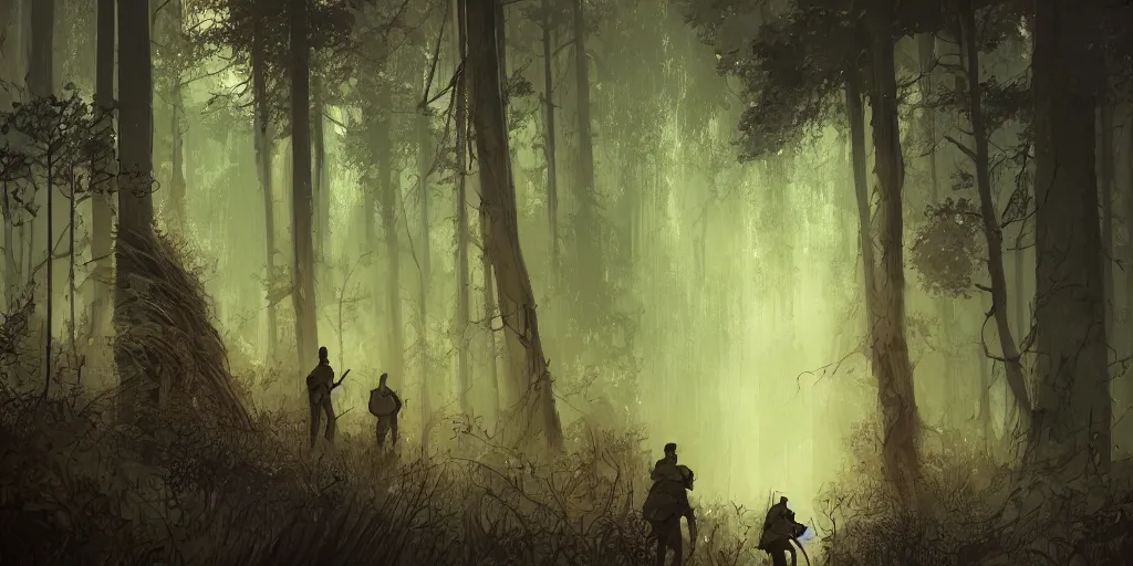 Image similar to modern reed - people hunting in futuristic spiritual mystical post apocalyptic forest from world of strugatsky drawn by justin roiland, dim painterly volumetric aquatic lighting, beautiful, crisp, artstation, highly detailed