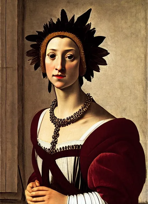 Image similar to portrait of young woman in renaissance dress and renaissance headdress, art by caravaggio