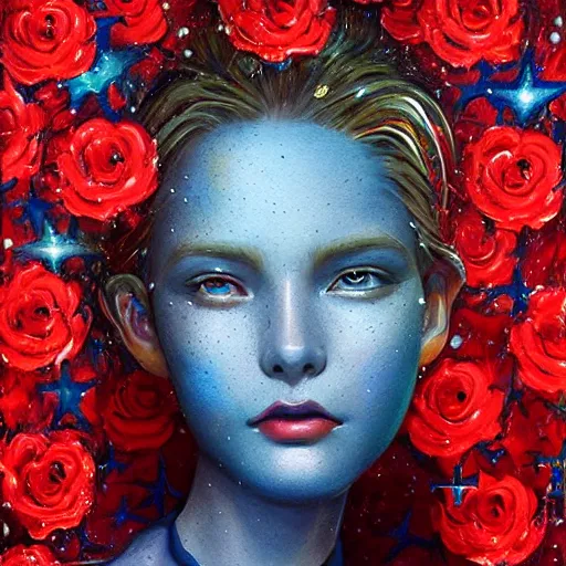 Prompt: 3 d, sci - fi, close - up, smiling fashion model face, stars, cinematic, clouds, sun rays, vogue cover style, poster art, blue mood, realistic painting, intricate oil painting, high detail illustration, small red roses, figurative art, multiple exposure, poster art, by tooth wu and wlop and beeple and greg rutkowski