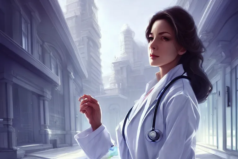 Image similar to an elegant and beautiful female doctor in a white coat in front of a hospital building, cinematic, highly detailed, digital painting, artstation, concept art, matte, sharp focus, illustration, art by artgerm and greg rutkowski