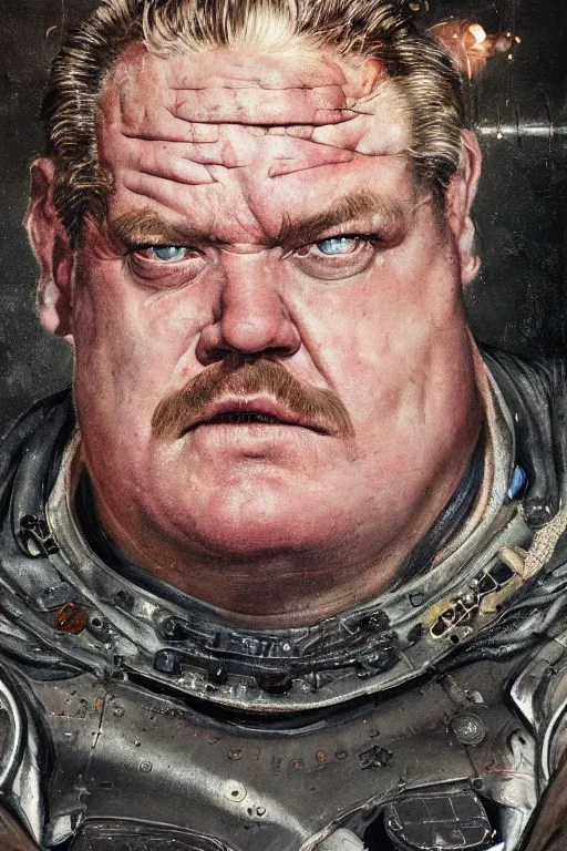 Image similar to upper body portrait of josh brolin as baron harkonnen, wearing old tattered leather spacesuit, dystopian science fiction, dark, horror, illustration by norman rockwell, hans baluschek, artstation character art, dynamic expression, john william waterhouse, concept art, greg rutkowski