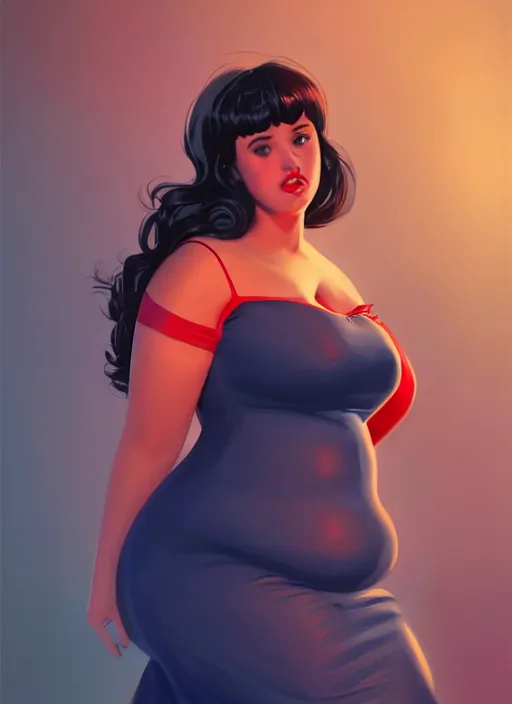 Image similar to full body portrait of teenage veronica lodge, obese, bangs, sultry, realistic, sultry smirk, wavy hair, red skirt, fat, belly, intricate, elegant, glowing lights, highly detailed, digital painting, artstation, concept art, smooth, sharp focus, illustration, art by wlop, mars ravelo and greg rutkowski