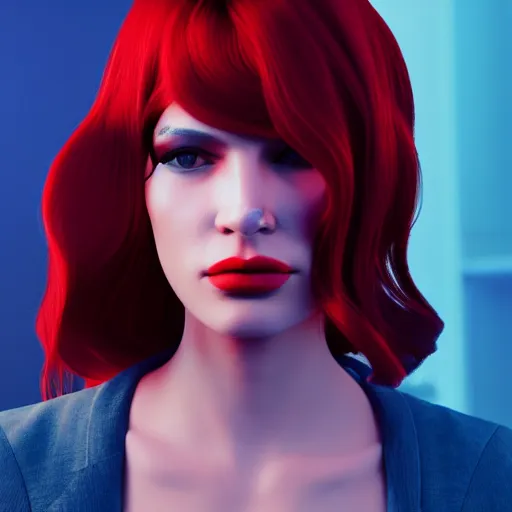Image similar to Model-looking woman in color, cyberpunk era 2077, red hair, coral lips blue shadow, Edward Hopper style