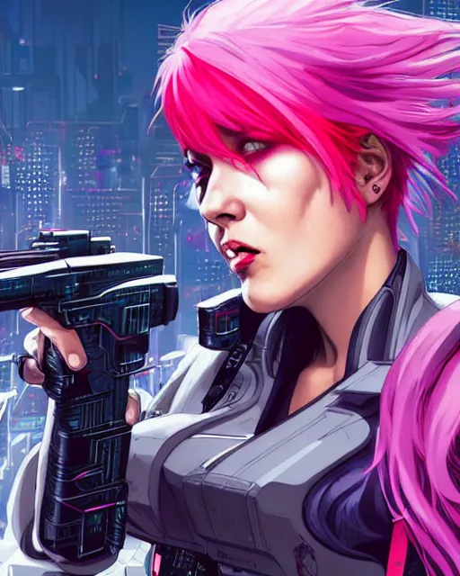 Prompt: a close up portrait of a beautiful single cyberpunk female assassin with pink hair running weapon on a ready shouting and angry overlooking a cyberpunk city in the background, full face portrait composition, 2D drawing by Mike Mignola, Robbie Trevino, ellen jewett, Yoji Shinkawa , 2D drawing face by Artgerm, Ross Tran and WLOP