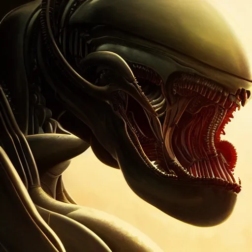 Prompt: closeup portrait of a xenomorph, dramatic lighting, spacestation background, artstation, high detail, by greg rutkowski