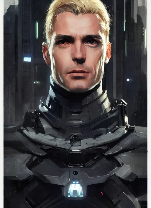 Image similar to portrait of a blonde bruce wayne, futuristic, cyberpunk, cybernetic enhancements, concept art, trending on artstation, greg rutkowski