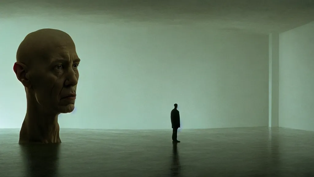 Image similar to a giant head made of wax and water floats through the living room, film still from the movie directed by Denis Villeneuve with art direction by Zdzisław Beksiński, wide lens