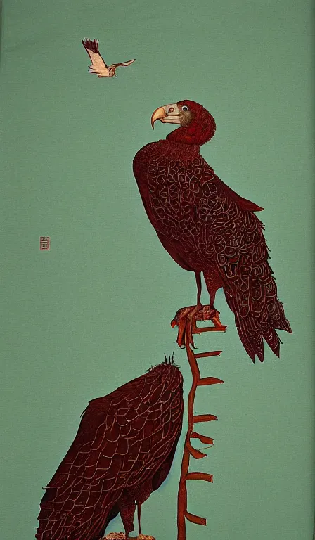 Prompt: big turkey vulture sitting on cactus by Shen Quan, hanging scroll, ink and colours on silk