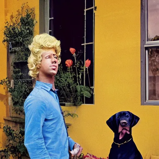 Image similar to golden god and his talking great dane solve mystery, sixties, vivid colour, horror, realistic photography