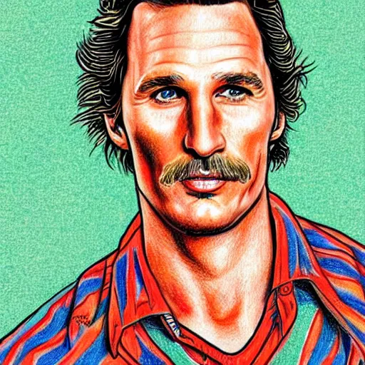 Image similar to a portrait drawing of Mathew McConaughey drawn by Robert Crumb