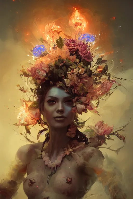 Image similar to face closeup of beautiful girl necromancer, witch - doctor exploding into flowers, angels, 3 d render, hyper - realistic detailed portrait, holding fire and electricity, ruan jia, wlop. scifi, fantasy, magic the gathering, hyper detailed, octane render, concept art, peter mohrbacher