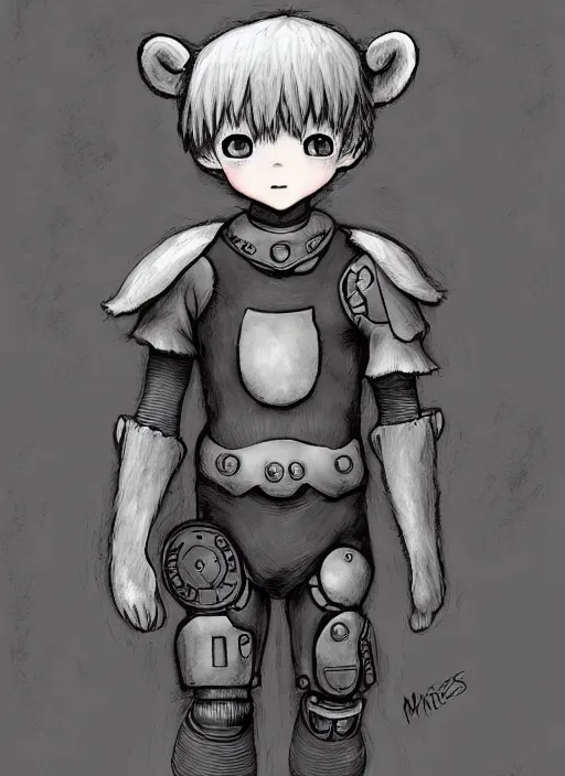 Image similar to beautiful little boy wearing an cyborg bear suit, artwork in kentaro miura and made in abyss and rosdraws, smooth, beautiful lightness, anatomically correct, trending on pixiv, forest