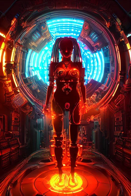 Prompt: portrait of humongous cyberpunk female android, symmetric, body full glowing vacuum tubes, realistic digital art, 3 d render of futuristic steampunk generators inside a huge steampunk engine, 8 k, fluorescent colors, halluzinogenic, multicolored, exaggerated detailed, unreal engine, by moebius