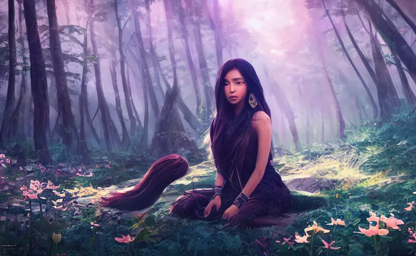 Prompt: beautiful Himalayan woman, sci-fi tibetan fashion, brown very very long hair, somber, scene of a summer forest with glowing blue lillies, dramatic light, wide angle, dramatic pose, dramatic angle , 8k hdr pixiv by Makoto Shinkai and Wojtek Fus