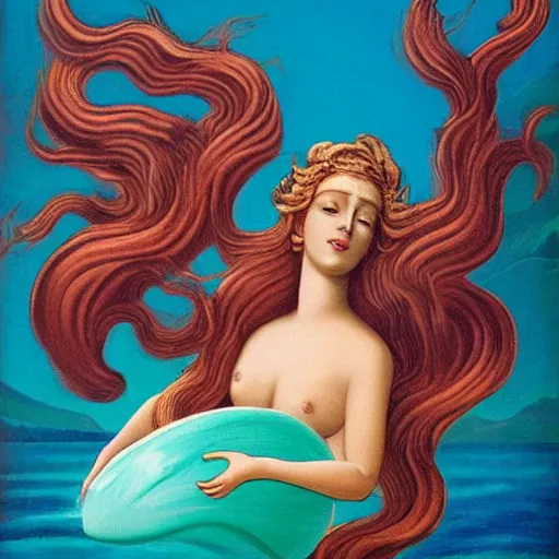 Image similar to The painting depicts the moment when the goddess Venus is born from the sea. She is shown standing on a giant clam shell, with her long, flowing hair blowing in the wind. The painting is full of light and color, and Venus looks like she is about to step into a beautiful, bright future. outrun, copper verdigris by Max Dupain, by Bruce Timm 3d render