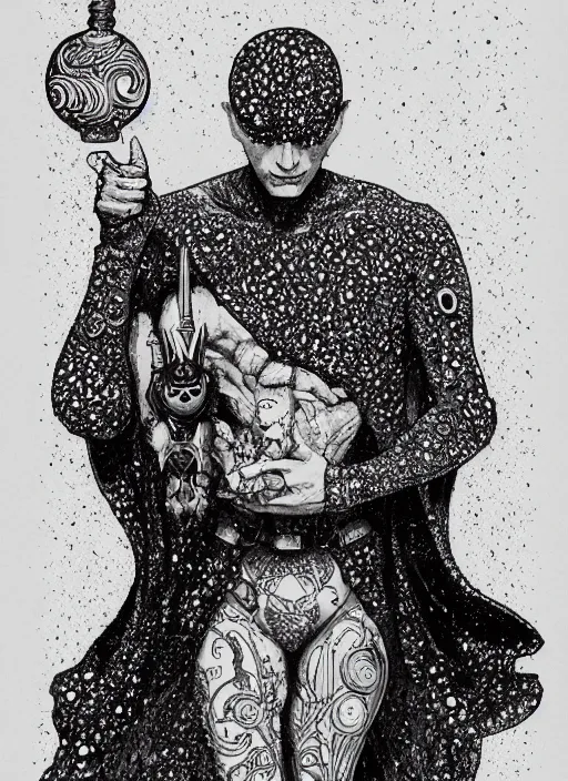 Prompt: high intricate ink drawing of the sandman holding a glimmering galaxy, full shot, neil gaiman, maria panfilova, andrea savchenko, mike kime, ludovic plouffe, qi sheng luo, oliver cook, julian calle, eddie mendoza, trending on artstation