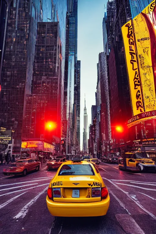 Image similar to yellow taxi cab in New York street from the back, very low angle, red back taillights, steam, sunset in the background, CGsociety, exquisite detail, post-processing, masterpiece, volumetric lighting, cinematic, hypermaximalistic, high details, cinematic, 8k resolution, beautiful detailed, insanely intricate details, sharp edges, smooth focus, low angle, tilted