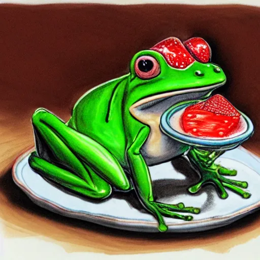 Image similar to sketch of a frog eating a strawberry pie,