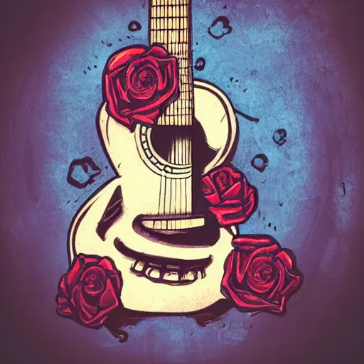 Prompt: skull and rose and guitar,