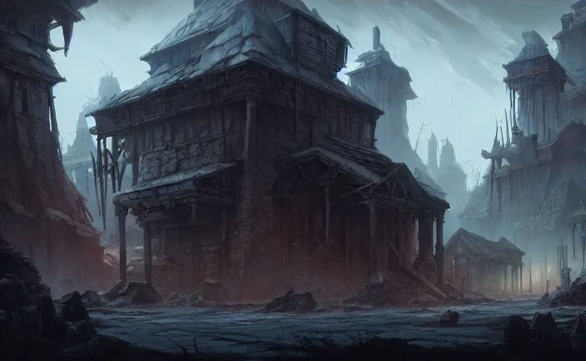 Image similar to epic concept art depicted an ancient cursed town | | art by jakub rebelka and tyler edlin | | dramatic mood, overcast mood, dark fantasy environment | | trending on artstation, unreal engine, hyperreal movie shot