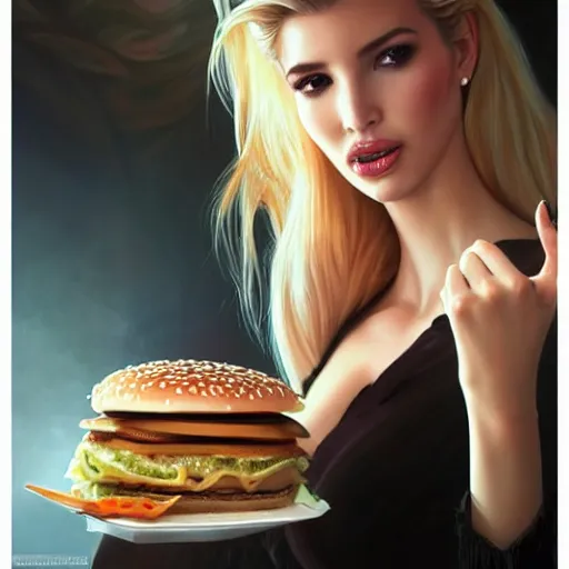 Image similar to Ivanka Trump eating a mcdonald's big mac hamburger, dripping BBQ Sauce, serving burgers, intricate, elegant, feminine ethereal, hearthstone, D&D, magical mystical, highly detailed, digital painting, artstation, concept art, matte, sharp focus, hyperreal, art by Artgerm and Greg Rutkowski and Alphonse Mucha