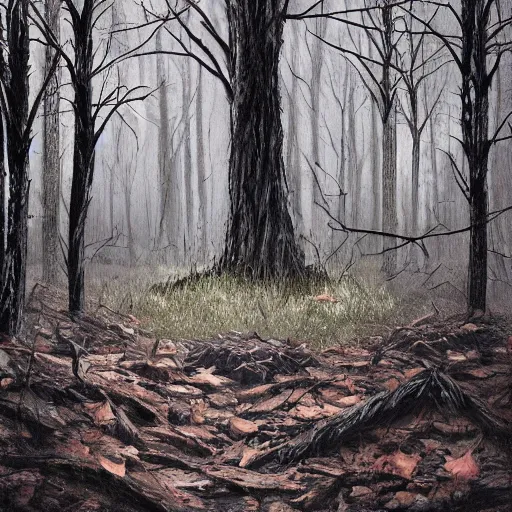 Image similar to The Blair Witch Project, Award winning concept art, wide angle shot, artstation, oil painting