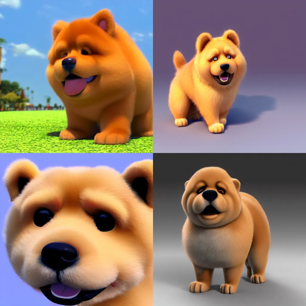 Prompt: A cute 3D Disney Pixar render of a chow chow dog