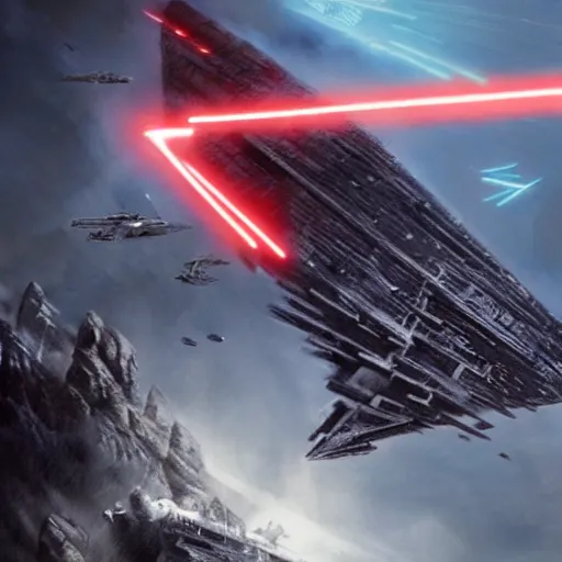 Prompt: darth vader using the force to bring down a star destroyer, epic, cinematic, concept art, incredible