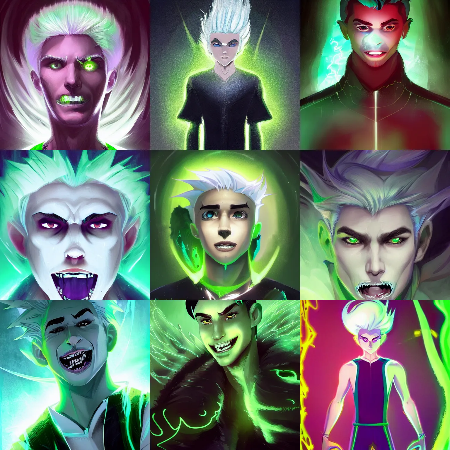 Prompt: A digital matte intricate illustration concept art of King Danny Phantom with snow white hair and glowing green eyes, pointy sharp teeth fangs alt art fashion inspired art by Charlie Bowater and WLOP and Mark Arian and Ross Tran + neon colors, symmetry , intricate complexity, epic composition, magical atmosphere, highly detailed, cinematic lighting + masterpiece, trending on artstation + 8k