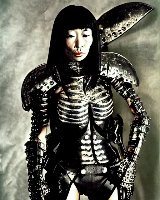 Prompt: portrait of a skinny punk goth yayoi kusama wearing armor by simon bisley, john blance, frank frazetta, fantasy, thief warrior