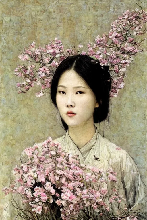 Image similar to close - up fashion asian woman portrait airy flowers sacura cloudy sky art by vasnetsov