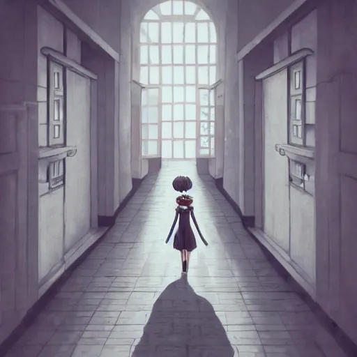 Prompt: a creepy porcelain doll - like woman walking through a bright white staircase with many doors and hallways, mc escher architecture, very detailed background, epic composition, anime key visual, anime style, by makoto shinkai