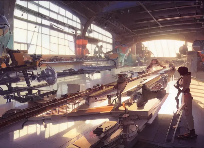 Prompt: low angle shot of a stretching on a mechanics workbench in a spaceport in a space opera studio ghibli animated film, volumetric lighting, octane render by anime, stanley artgerm lau, greg rutkowski, thomas kindkade, alphonse mucha, loish, norman rockwel, highly detailed