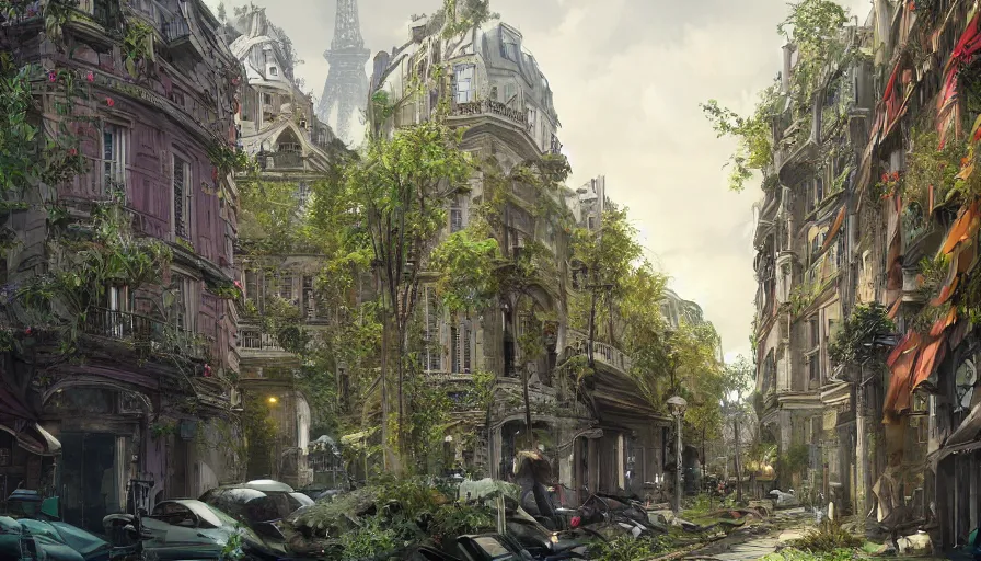 Prompt: Paris abandoned for several centuries and covered by colorful plants, hyperdetailed, artstation, cgsociety, 8k