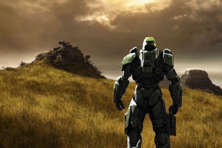 Image similar to halo master chief on a hill, cinematic, 8 k, back view, photorealistic