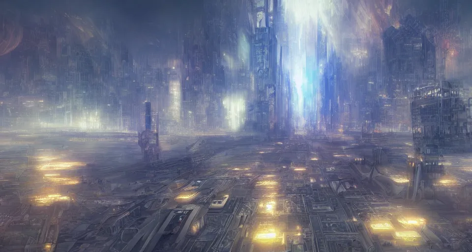 Image similar to Mech robot city. By Joseph Mallord William Turner, fractal flame, highly detailded