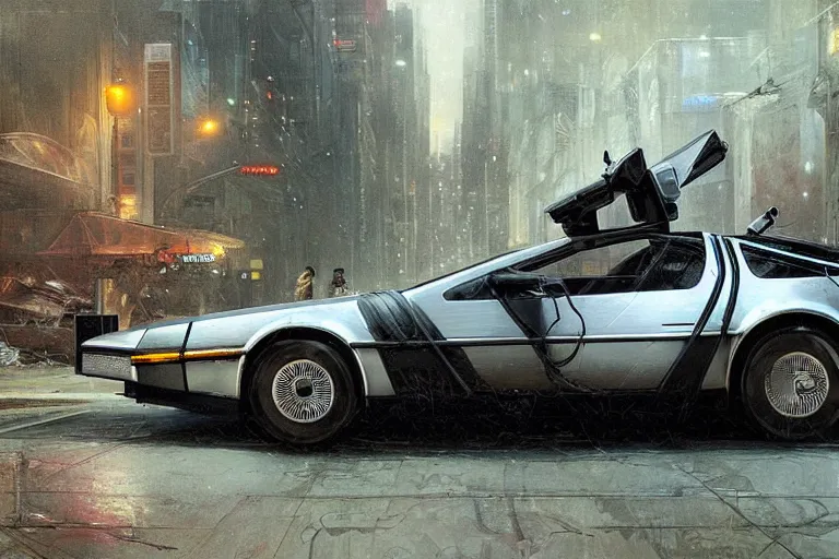 Image similar to photograph of the delorean, with a sleek spoiler, driving down the streets of a cyberpunk abandoned city, by greg rutkowski, by stanley artgerm, by alphonse mucha