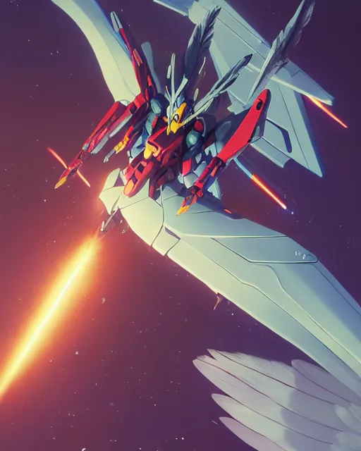 Prompt: highly detailed vfx portrait of a gundam wing with wings of feathers beam saber fighting in space with a beam gun, unreal engine, greg rutkowski, loish, rhads, beeple, makoto shinkai and lois van baarle, ilya kuvshinov, rossdraws, tom bagshaw, alphonse mucha, global illumination, detailed and intricate environment