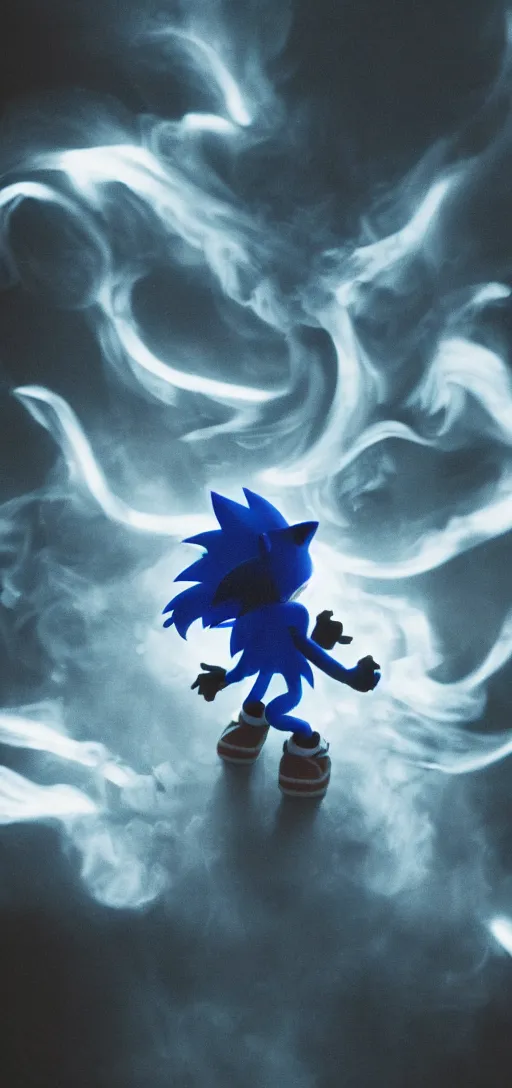 Image similar to Dark gray and blue smoke in the shape of Sonic the hedgehog, coming from a burning SEGA dreamcast. Dramatic shot, cinematic, epic lighting, low angle medium shot, 35mm