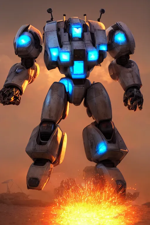 Image similar to mechwarrior 5 : mercenaries mech megaman transformer robot boss tank engine game octane render, 4 k, hd 2 0 2 2 3 d cgi rtx hdr style chrome reflexion glow fanart, global illumination ray tracing hdr fanart arstation by ian pesty by jesper ejsing pixar and disney unreal zbrush central hardmesh